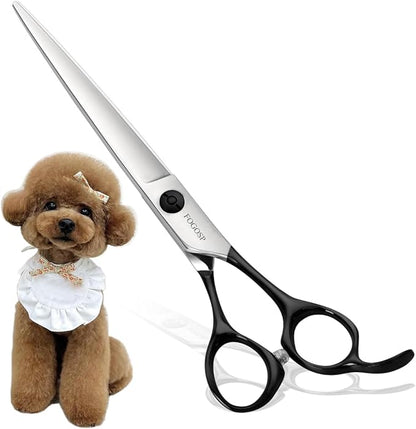 FOGOSP Professional Dog Grooming Scissors Straight 7" Grooming Shears for Cutting Small Pet Cat Thick Hair Japan 440C Stainless Steel Super Sharp Right Handed(7 in Straight, Black)