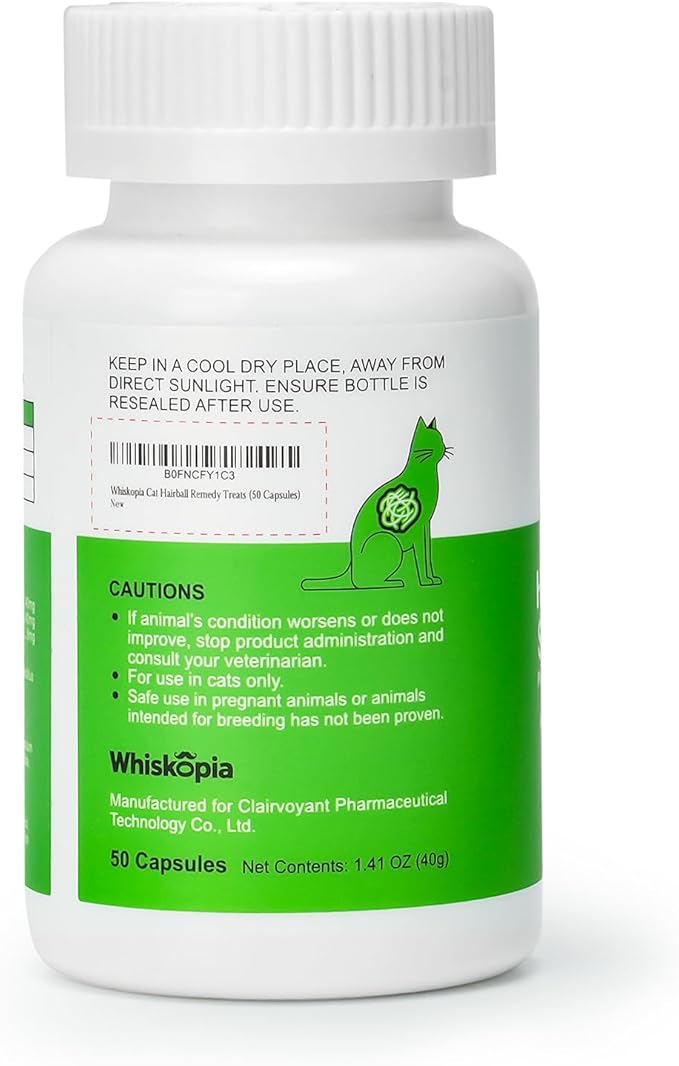 Whiskopia Hairball Relief for Cats, Cat Hairball Remedy, Cat Hairball Control with Psyllium Seed Husk and Vitamins, Helps Eliminate & Prevent Hairballs, Supports Healthy Digestion & Coat, 50 Capsules