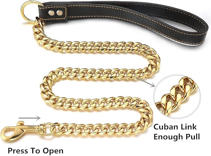 18K Gold Dog Chain Leash 15MM Solid Chew Proof 316L Stainless Steel Cuban Link Chain with Smooth Leather Handle Beautiful Leash for Walking Training 3FT/4FT/5FT(15mm,5ft)…