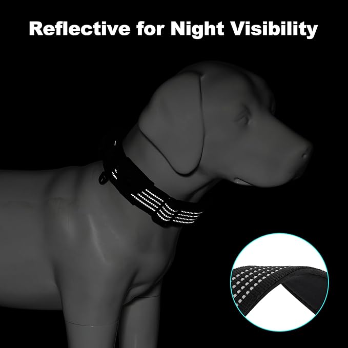 Plutus Pet Tactical Dog Collar with Tracker Pocket for AirTag, Adjustable Reflective Nylon Collar, Metal Buckle, Leather-Wrapped Handle, Soft Padded for Medium Large Dogs (Black, S)