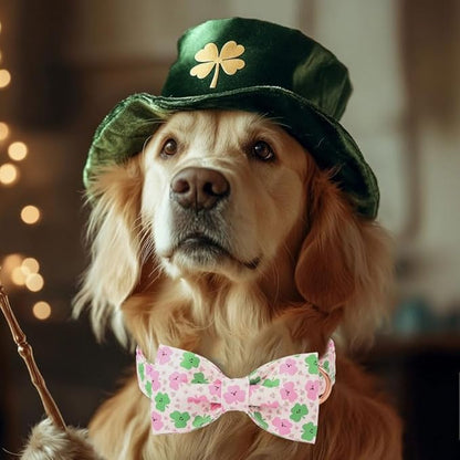 St Patricks Day Dog Collar with Bow Tie - Cotton Pink Green Clover Bowtie Dog Collar Adjustable Heavy Duty Holiday Dog Collars for Small Medium Large Dogs XS
