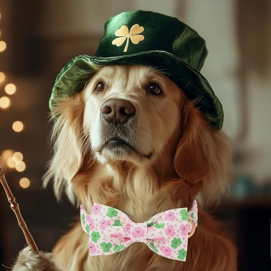 St Patricks Day Dog Collar with Bow Tie - Cotton Pink Green Clover Bowtie Dog Collar Adjustable Heavy Duty Holiday Dog Collars for Small Medium Large Dogs L