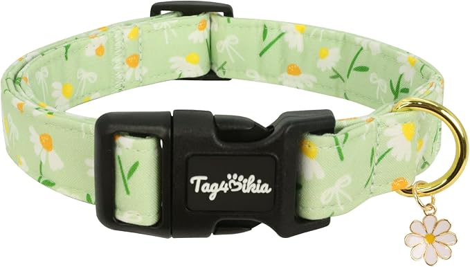 Dog Collar with Daisy Patterns, Spring Summer Collection Green Dog Collar with Exquisite Pendant, Durable Adjustable Collars for Gifts & Daily Use-S