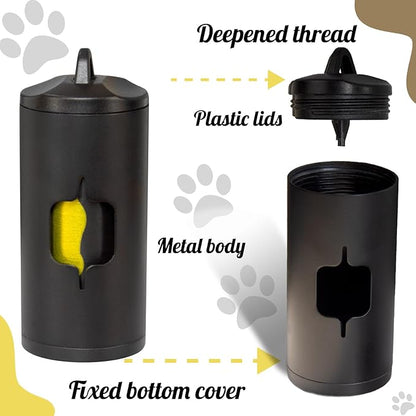 Metal Dog Poop Bag Holder 2-Pack w/Leash Clip|Durable Scratch-Resistant Aluminum|30 Bags+6 Accessories（Black）