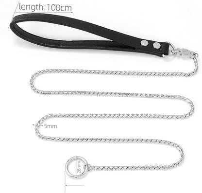 CaptainSteeL Stainless Steel Dog Leash and Collar, 3ft/4ft, 5mm 1m/1.2m Metal, Leather Handle