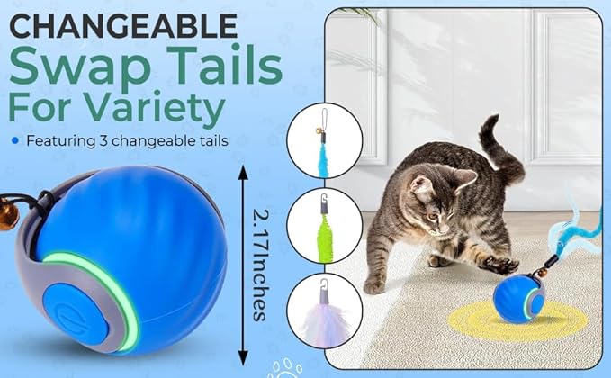 Dr. Fluffyyes Interactive Cat Toy Ball - Motion-Activated, USB Rechargeable Cat Toys for Indoor Cats with Anti-Scratch Cover & 2 Changeable Tails - Enrichment Toy for Active Cats & Kittens