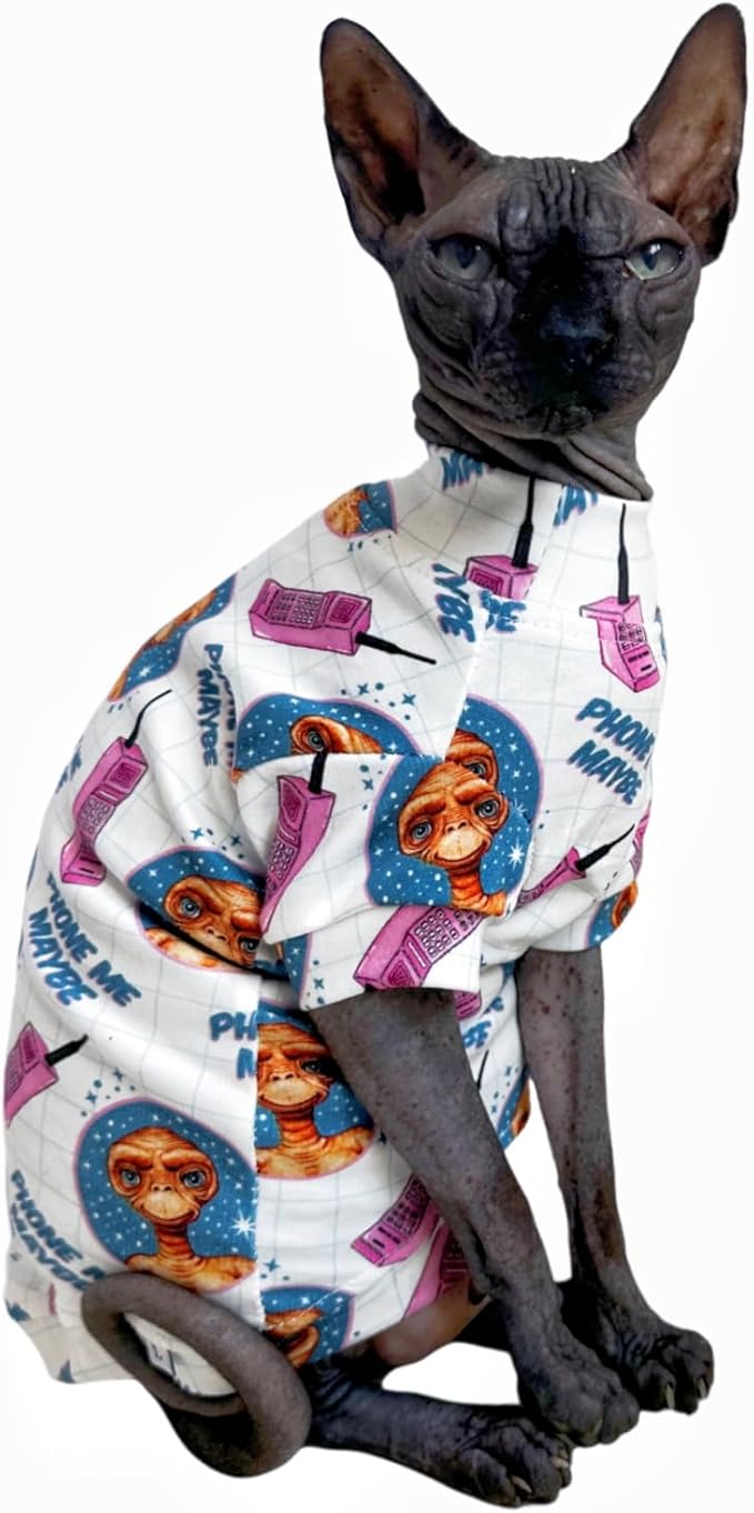 Limited Edition Sphynx Cat T-Shirts Elastic Hairless Cat Sweatshirt Pet Kitten Clothes Round Collar Kitten Shirts Vest Cats & Small Dogs Apparel (Alien, XL (10-12 lbs))