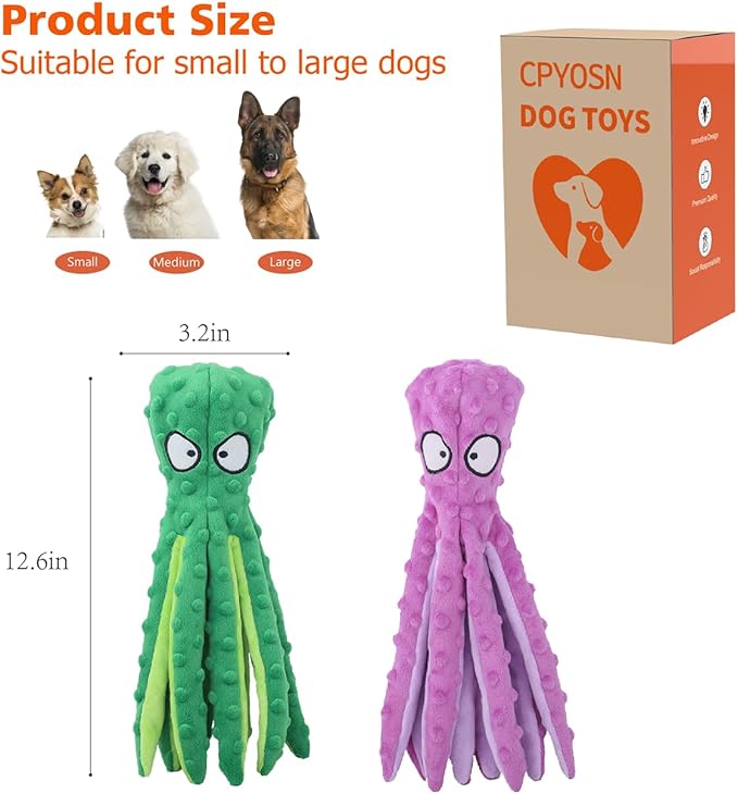 CPYOSN Dog Squeaky Toys Octopus - No Stuffing Crinkle Plush Dog Toys for Puppy Teething, Durable Interactive Dog Chew Toys for Small, Medium and Large Dogs Training and Reduce Boredom, 2 Pack