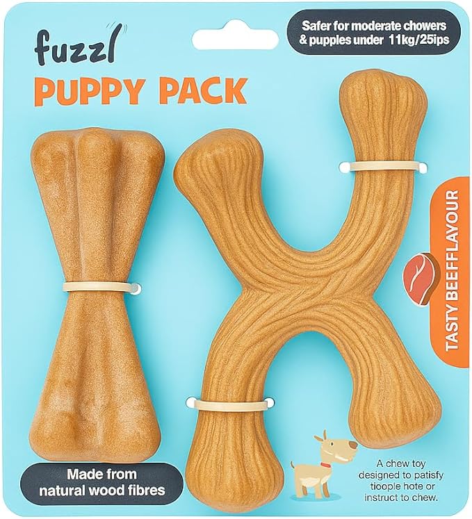 Fuzzl Puppy & Small Dog Chew Toy Beef Flavour Twin Pack - Bone and Crossbone - Soft Enrichment Dog Toys for Puppies and Small Dogs