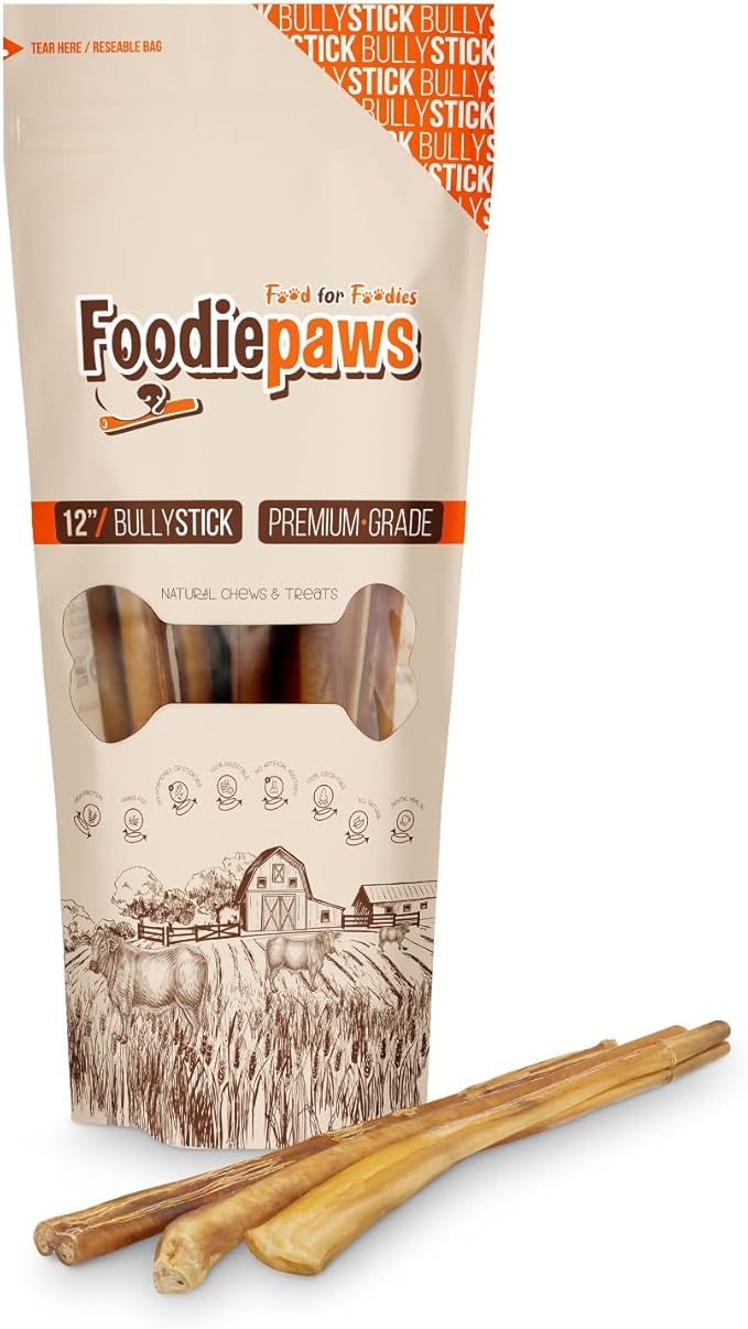 FOODIEPAWS 12 Inch Bully Sticks for Dogs, 5 Pack | All Natural, Grass-Fed Beef Pizzle | Rawhide-Free & Odor-Free Dog Chews | Fully Digestible, Long Lasting Treats for Medium & Large Dogs