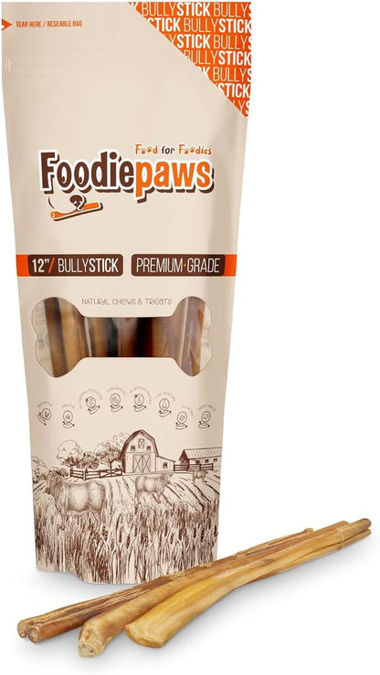 FOODIEPAWS 12 Inch Bully Sticks for Dogs, 5 Pack | All Natural, Grass-Fed Beef Pizzle | Rawhide-Free & Odor-Free Dog Chews | Fully Digestible, Long Lasting Treats for Medium & Large Dogs