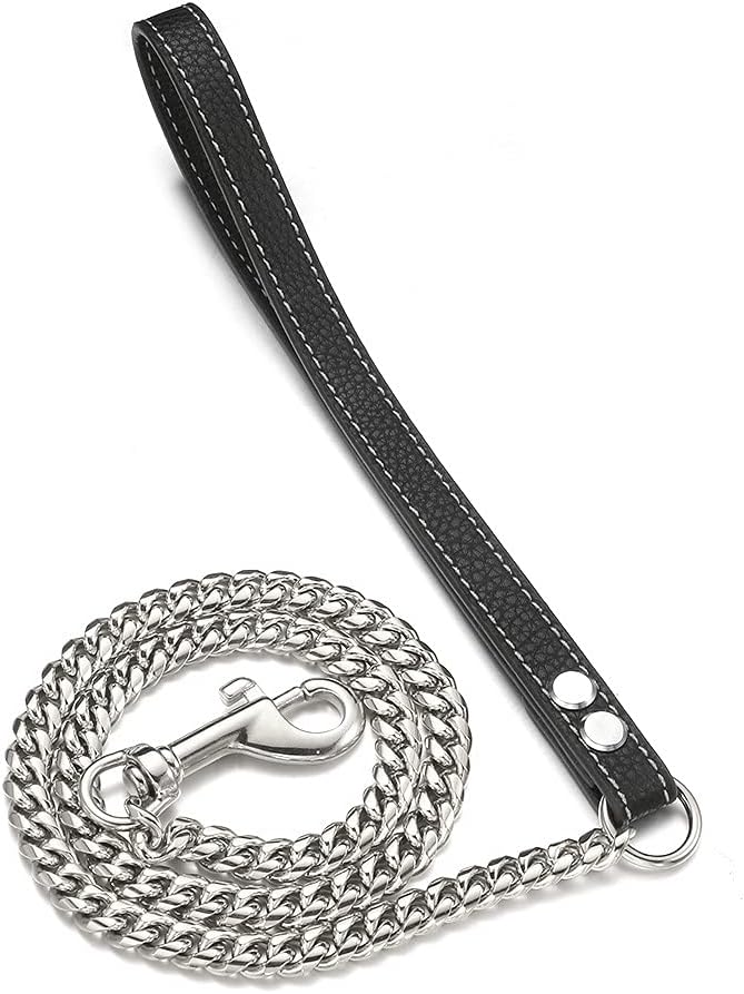 3FT/4FT/5FT Heavy Duty Silver Dog Chain Leash 10MM Stainless Steel Miami Cuban Link Chain with Durable Genuine Leather Handle for Training Walking(10mm,5ft)…