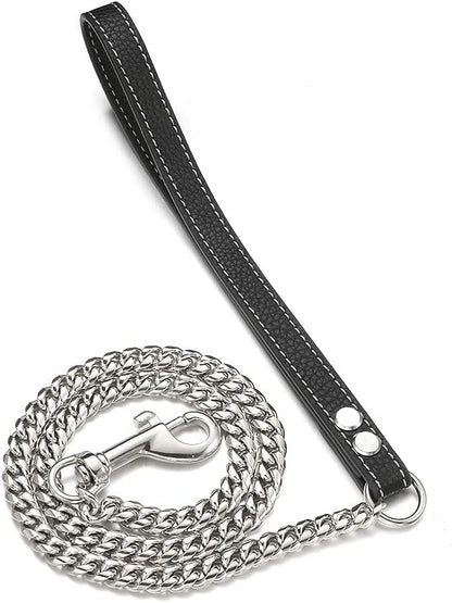 3FT/4FT/5FT Heavy Duty Silver Dog Chain Leash 10MM Stainless Steel Miami Cuban Link Chain with Durable Genuine Leather Handle for Training Walking(10mm,3ft)…