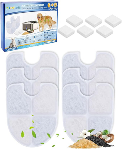 MyfatBOSS Dog Water Filter Replacement Compatible with FEELNEEDY 3 Gal/12L Stainless Steel Dog Fountain Water Bowl, 6PCS Pet Cat Filters & 6PCS Sponge Pump Filters for 3 Gallon Water Dispenser