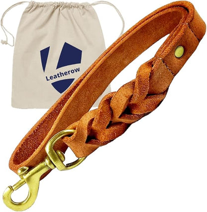 Leather Short Dog Leash 15 Inch - Short Dog Traffic Lead for Large Dogs Training and Walking - Braided Leather Tab for Large Dogs - Full Grain Heavy Duty. (Tan, 1 FT)