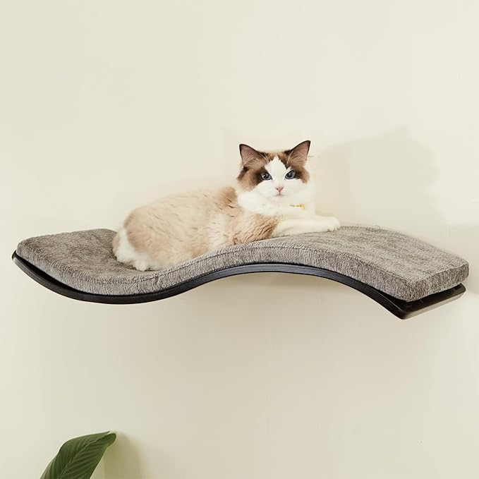 LIORCE Cat Shelf with Comfortable Cushion - Wave Modern Cat Bed - Minimalistic Floating Wall Perch - Wooden Wall Mounted Cats Furniture for Sleeping, Playing, Climbing, and Lounging, Walnut