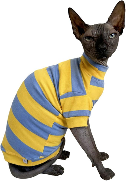 Sphynx Cat Clothes Shirts for Hairless Cat, Wide Stripe Cats Apparel, Kitten Summer Cotton T-Shirts with Sleeves for Cornish Rex, Devon Rex, Peterbald (Blue & Yellow, X-Large)