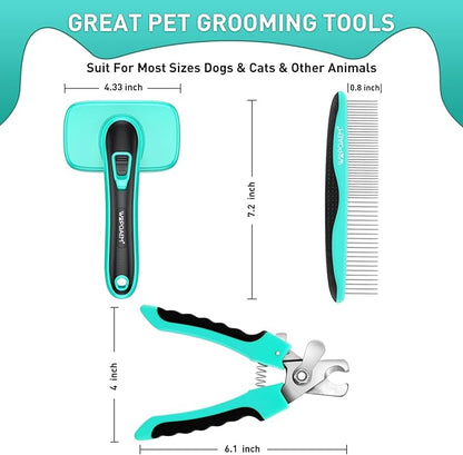 WOPQAEM Dog Brush - 3 Pcs Self Cleaning Slicker Brush & Nail Clippers & Pet Comb for Dogs,Cats and Horses, Skin Friendly Deshedding Grooming Tool whit Short Long Haired Pets
