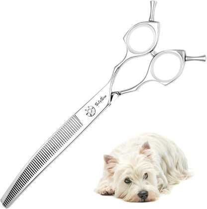 7.5in Curved Thinner Dog Grooming Scissors, 56 Teeth Professional Dog Cutting Scissors, 25 Degree Bend High-end Shears for Pet Groomers or Family Use, with Symmetric Handle, Thinning Rate 25%, Silver