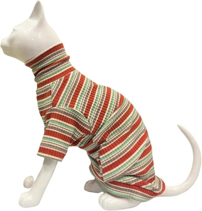 Turtle Neck Vintage Stripes Sphynx Hairless Cat Cotton T-Shirts Pet Clothes Vest Kitten Shirts Sleeveless, Cats & Small Dogs Apparel (Autumn, S (3.3-5 lbs))