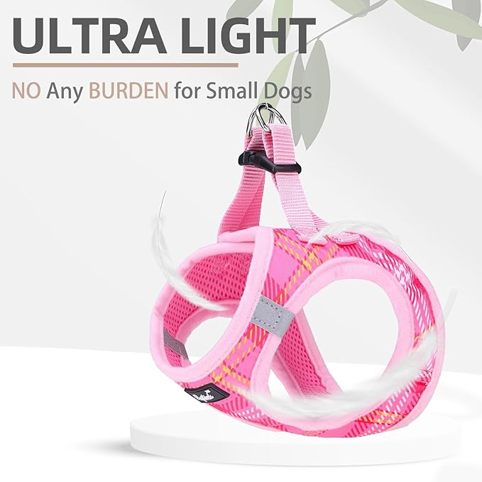 PUPTECK Dog Harness and Leash Set for Small Medium Dogs No Pull Step-in Soft Mesh Puppy Cat Vest Harnesses Reflective at Night, Plaid Pattern Pink XS