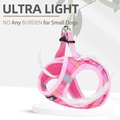 PUPTECK Dog Harness and Leash Set for Small Medium Dogs No Pull Step-in Soft Mesh Puppy Cat Vest Harnesses Reflective at Night, Plaid Pattern Pink S