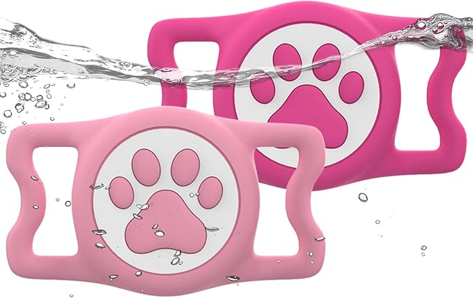 WhoseID IP68 Waterpoof Dog Airtag Holder, Stretchy Silicone Full Body Covered Apple Air Tag Holder for Dog Cat Collar Fit All Width Collar (Pink/Rose, 2 Pack)