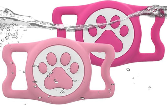 WhoseID IP68 Waterpoof Dog Airtag Holder, Stretchy Silicone Full Body Covered Apple Air Tag Holder for Dog Cat Collar Fit All Width Collar (Pink/Rose, 2 Pack)