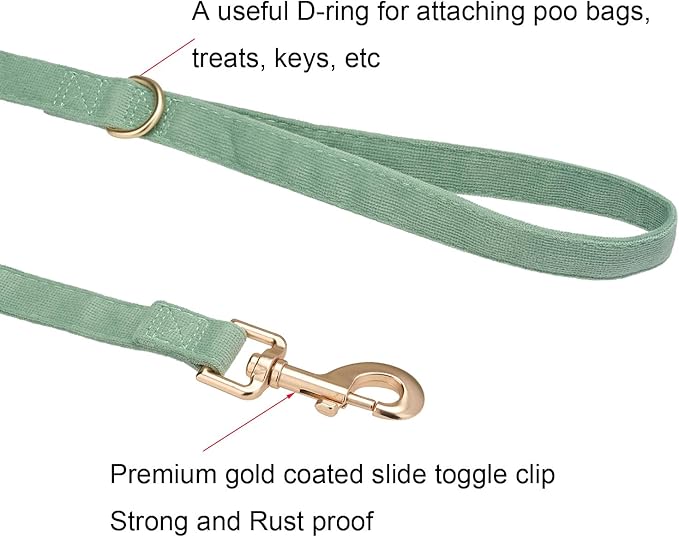 Ewinoom Soft Corduroy Dog Collar and Leash Set Adjustable Durable Dog Collars with Metal Buckle and Lead for Large Dogs,Grass Green