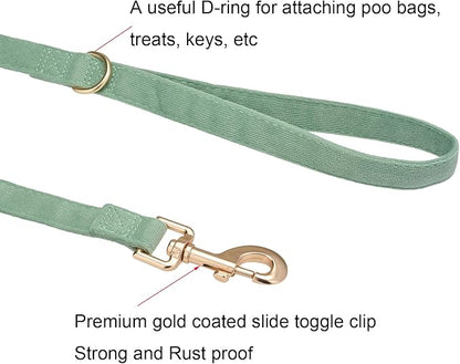 Ewinoom Soft Corduroy Dog Collar and Leash Set Adjustable Durable Dog Collars with Metal Buckle and Lead for Small Dogs,Grass Green