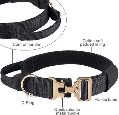 EXCELLENT ELITE SPANKER Tactical Dog Collar Military Adjustable Heavy Duty Training Dog Collar with Metal Buckle and Control Handle(Black)