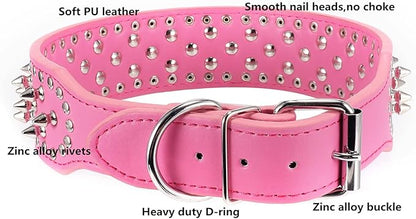 Hoot PU Leather Adjustable Spiked Studded Dog Collar 2" Wide 37 Spikes (M(Neck 19"-22"), Rose Red)
