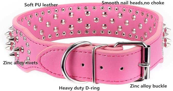 Hoot PU Leather Adjustable Spiked Studded Dog Collar 2" Wide 31 Spikes (S(Neck 17"-20"), Rose Red)