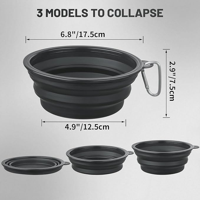 Large Dog Bowl Pet Collapsible Bowls, 2 Pack Collapsible Dog Water Bowls for Cats Dogs, Portable Pet Feeding Watering Dish for Walking Parking Traveling with 2 Carabiners (Large, Black+Black)