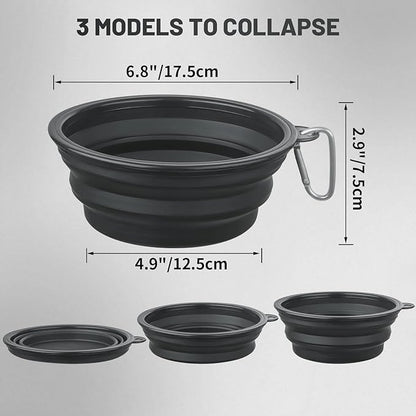 Large Dog Bowl Pet Collapsible Bowls, 2 Pack Collapsible Dog Water Bowls for Cats Dogs, Portable Pet Feeding Watering Dish for Walking Parking Traveling with 2 Carabiners (Large, Black+Black)