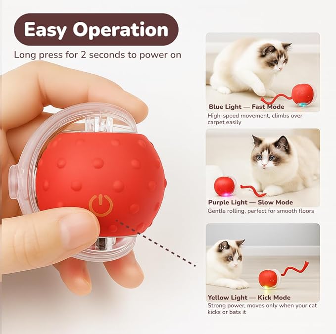 Outdoll Interactive Cat Toy Ball for Indoor Cats – Fast Rolling on Carpet, Motion Activated with Chirping Sounds, Smart Play Toy (Crimson)
