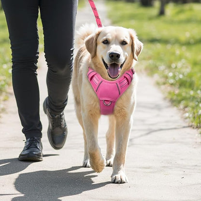 BARKBAY No Pull Dog Harness Large Reflective Dog Harness with Front Clip and Easy Control Handle for Walking Training Running with ID tag Pocket(Pink,L)
