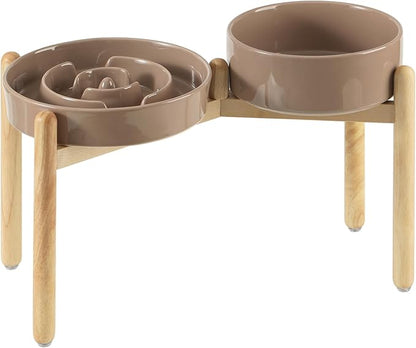 3.2 Cup Ceramic Raised Slow Feeder Dog Bowl Set, Elevated 8.2inch Bowl and 9.5inch Puzzle Slow Food Dish with Wooden Stand for Large Dog, Anti-Gulping (2 x Brown Coffee+ Stand)