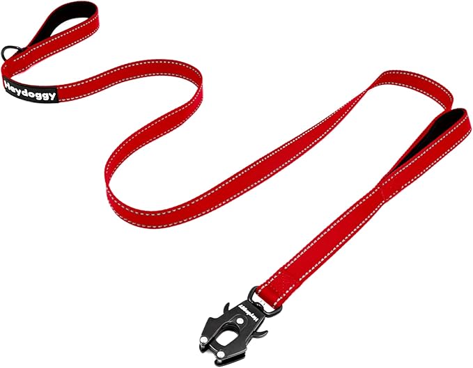 Strong Heavy Duty Dog Leash - 5ft Reflective Nylon Training Leash with Soft Padded Double Handle & Auto Lock Frog Clip - Safety Traffic Control for Large Medium Small Dogs No Pull Walk Red,5ft