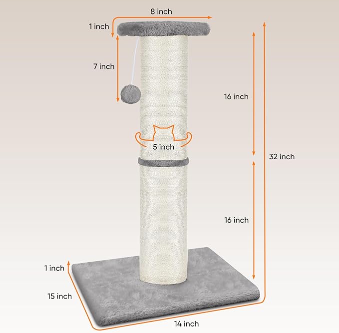 PAWSCRAT Cat Scratching Post 32" Tall, Large Diameter Natural Sisal Cat Scratch Post with Dangling Ball for Indoor Cats, Scratch-Resistant Durable and Protect Your Furniture, LightGrey