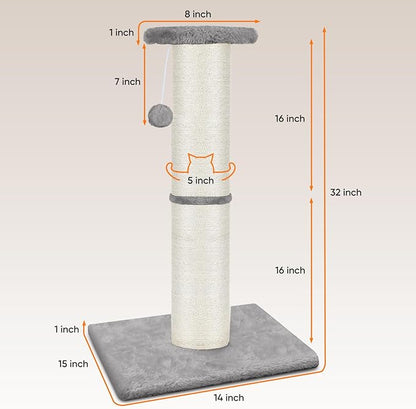 PAWSCRAT Cat Scratching Post 32" Tall, Large Diameter Natural Sisal Cat Scratch Post with Dangling Ball for Indoor Cats, Scratch-Resistant Durable and Protect Your Furniture, LightGrey