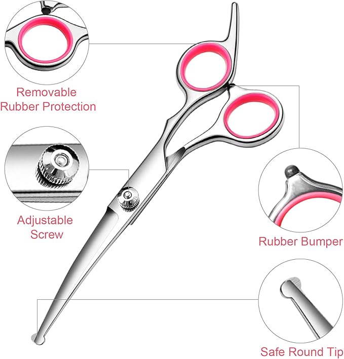 FAIGEO Dog Grooming Scissors with Safety Round Tips Stainless Steel Professional Dog Grooming Kit - Thinning, Curved Scissors and Comb for Cat Pet (Pink 4 in 1)