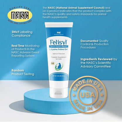 Felisyl L-Lysine Gel for Cats & Kittens (5oz) – Immune System, Respiratory & Eye Health Support. Reduces Sneezing, Runny Nose & Watery Eyes. Daily Salmon-Flavor Supplement – Made in USA