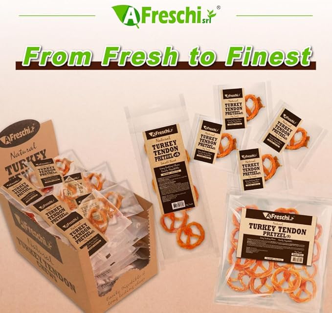 A Freschi srl Turkey Tendons for Dogs, USA-Sourced, Healthy Dog Treats, Rawhide-Free Puppy Chews, Long Lasting, All Natural, Hypoallergenic Dog Treats for Small Breeds, 8 oz Pack Pretzel (S)