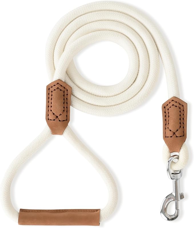 Mile High Life Leather Dog Leash, Heavy Duty Strong Genuine Leather Handle Rope Leash Soft and Comfortable for Small Medium Large Dogs (Cream White, 72 Inch)