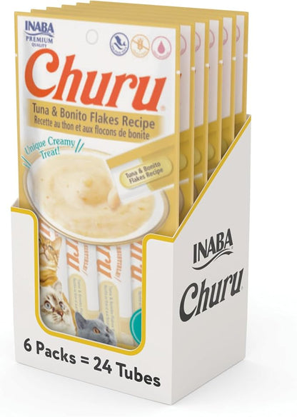 INABA Churu Cat Treats, Grain-Free, Lickable, Squeezable Creamy Purée Cat Treat/Topper with Vitamin E & Taurine, 0.5 Ounces Each Tube, 24 Tubes (4 per Pack), Tuna with Bonito Flakes Recipe