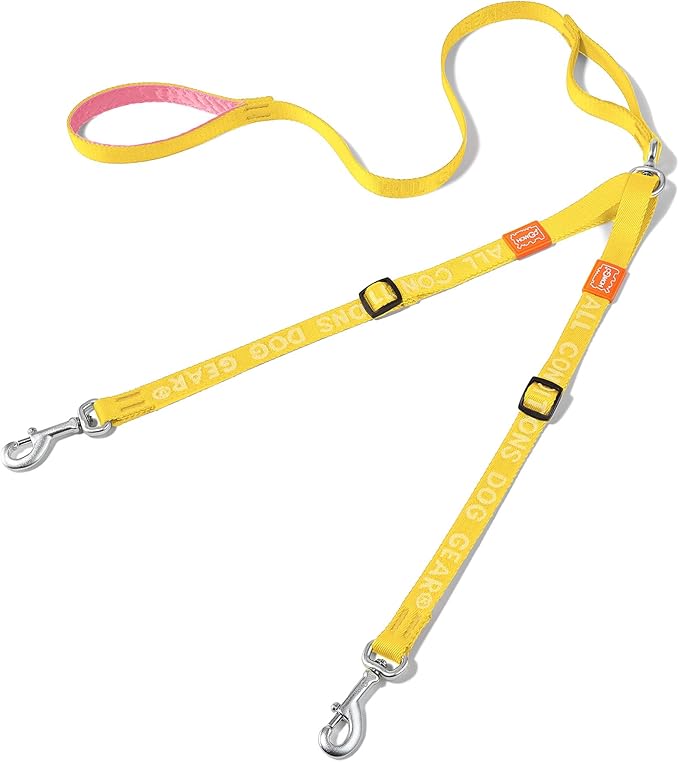 HOWGO Double Dog Leash, No Tangle 360° Swivel, Adjustable Two Padded Handles, Double Clip Dog Leash Coupler Splitter for 30~150 lbs Large and Medium Breeds (Yellow, 4/5'' x 4.8 FT, Ultralight)