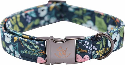 Elegant little tail Dog Collar, Floral Pet Collar Durable Darkblue Flower Dog Collars Male or Female Holiday Pet Gift Adjustable Dog Collar for Small Dogs