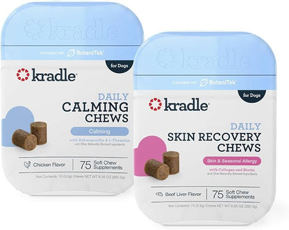 Kradle Calming & Skin Chews for Dogs - 2 Pack (75 Each) - L-Theanine GABA + Biotin Collagen - Occasional Anxiety Support & Soothes Environmental Skin Irritation