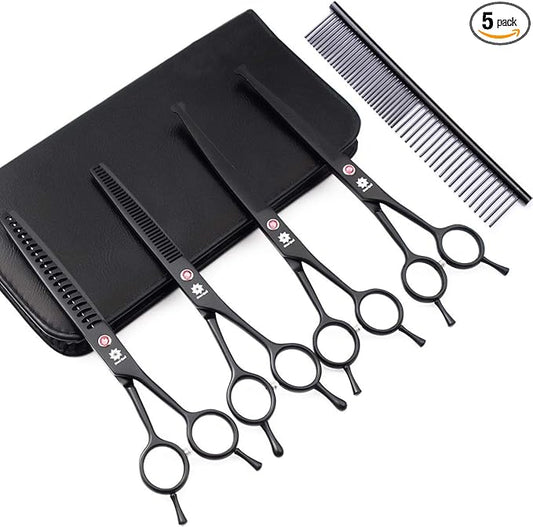 Dream Reach 7.0 Inches Professional Pet Cat Dog Grooming Shears Scissors, Straight, Curved, Thinning/Blending/Chunking Scissors Kit (4-Set Blunt Tip)